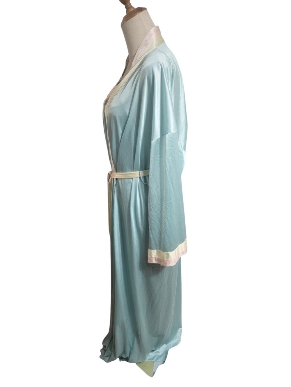 Vanity Fair Vintage Aqua Satin Long Robe &Nightie Set Pale Pink and Cream Trim - Picture 2 of 14